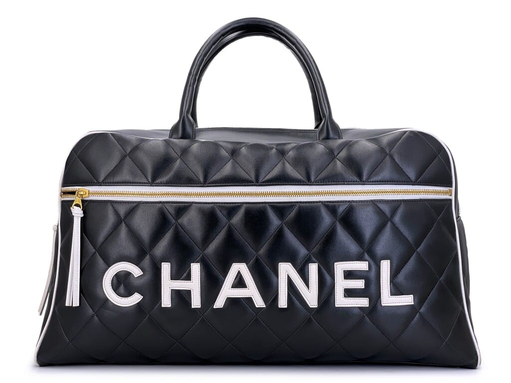 Vintage Black and White Quilted Calfskin Letter Logo Large Bowler Duffle Bag Gold Hardware, 1995