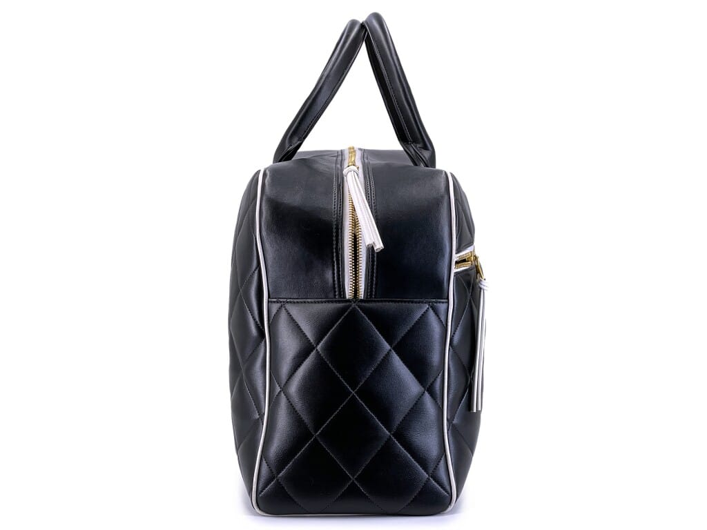 Vintage Black and White Quilted Calfskin Letter Logo Large Bowler Duffle Bag Gold Hardware, 1995