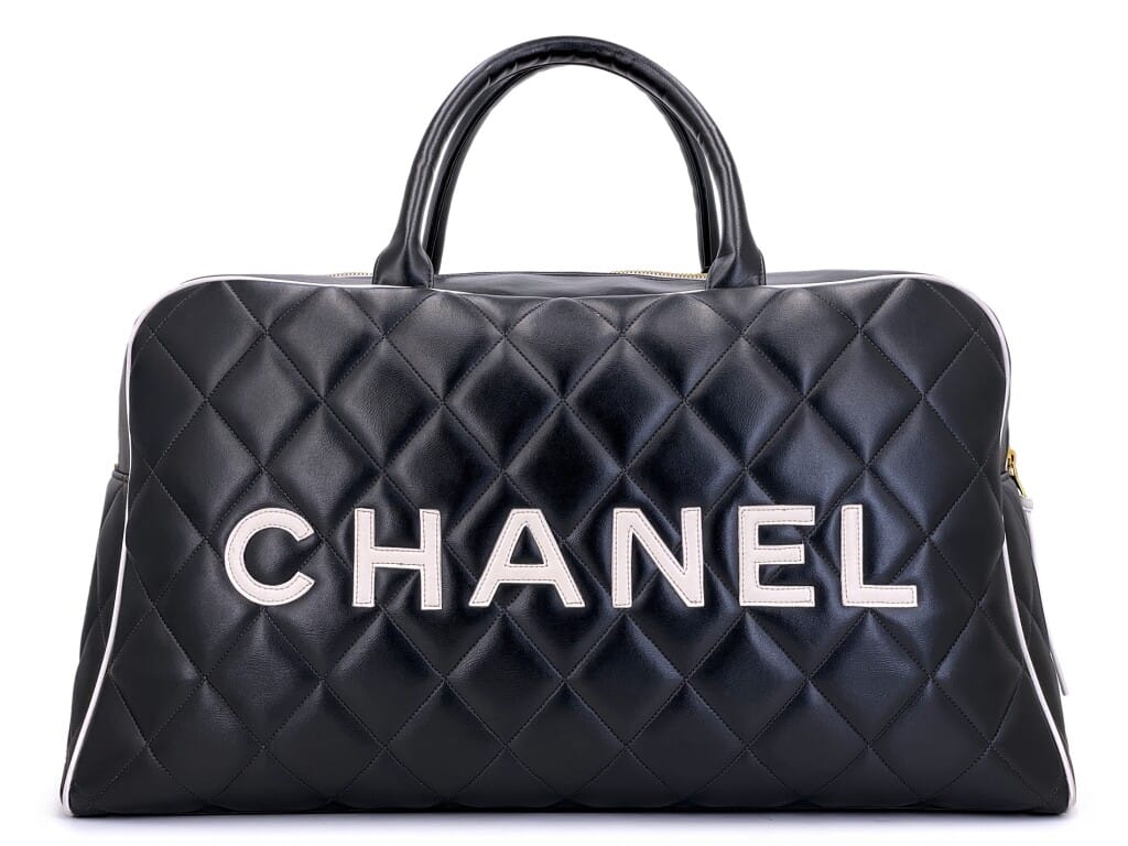 Vintage Black and White Quilted Calfskin Letter Logo Large Bowler Duffle Bag Gold Hardware, 1995