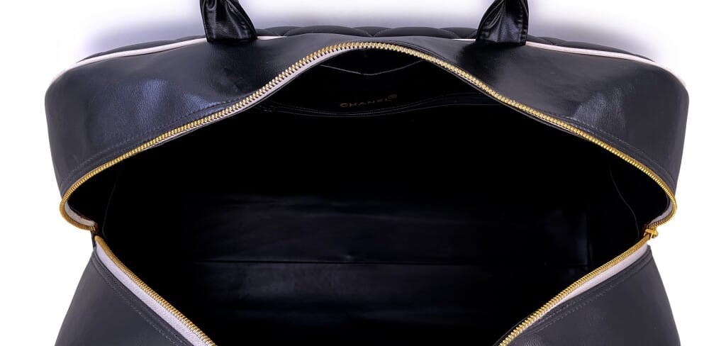 Vintage Black and White Quilted Calfskin Letter Logo Large Bowler Duffle Bag Gold Hardware, 1995