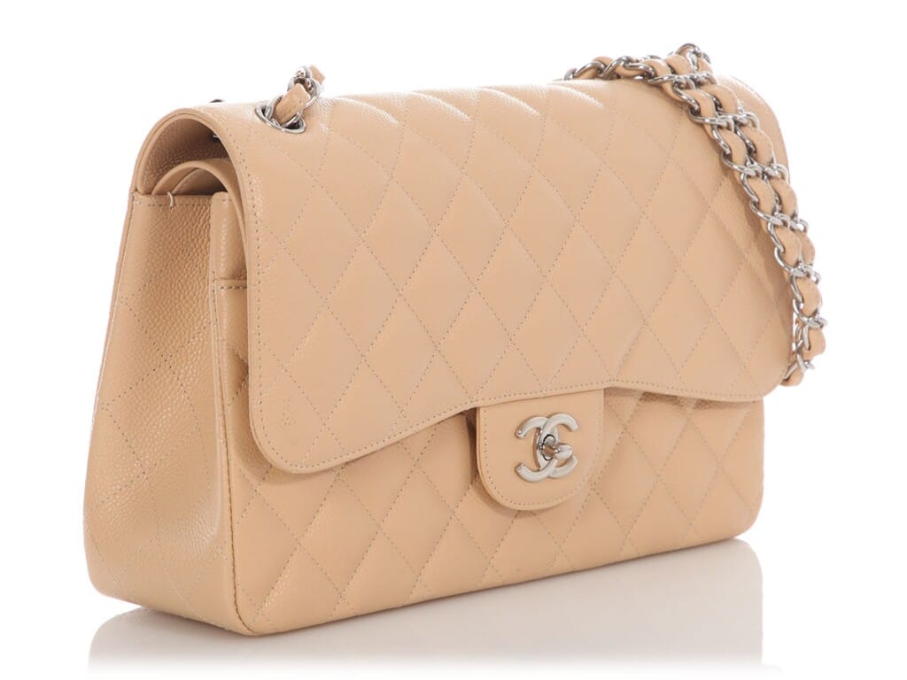 Light Beige Quilted Caviar Jumbo Classic Double Flap Bag Silver Hardware, 2014