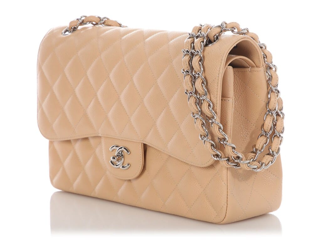 Light Beige Quilted Caviar Jumbo Classic Double Flap Bag Silver Hardware, 2014