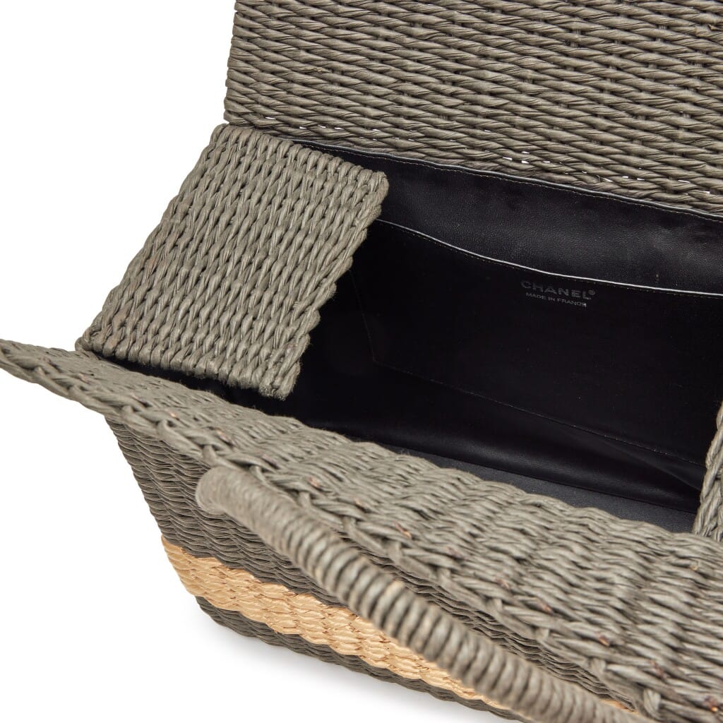 Vintage Charcoal Wicker Picnic Bag Silver Hardware, 1997-1999