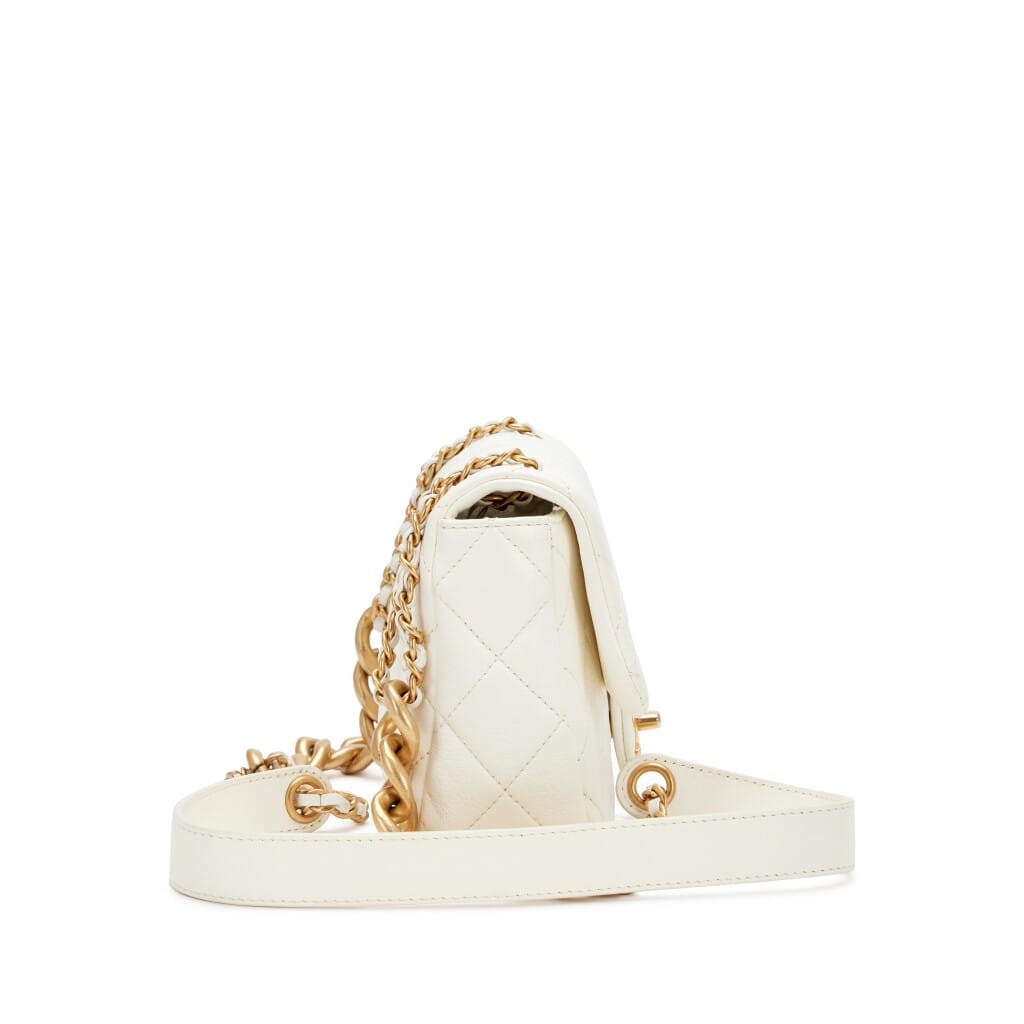 White Shiny Quilted Lambskin Mini Flap Bag Aged Gold Hardware, 2020