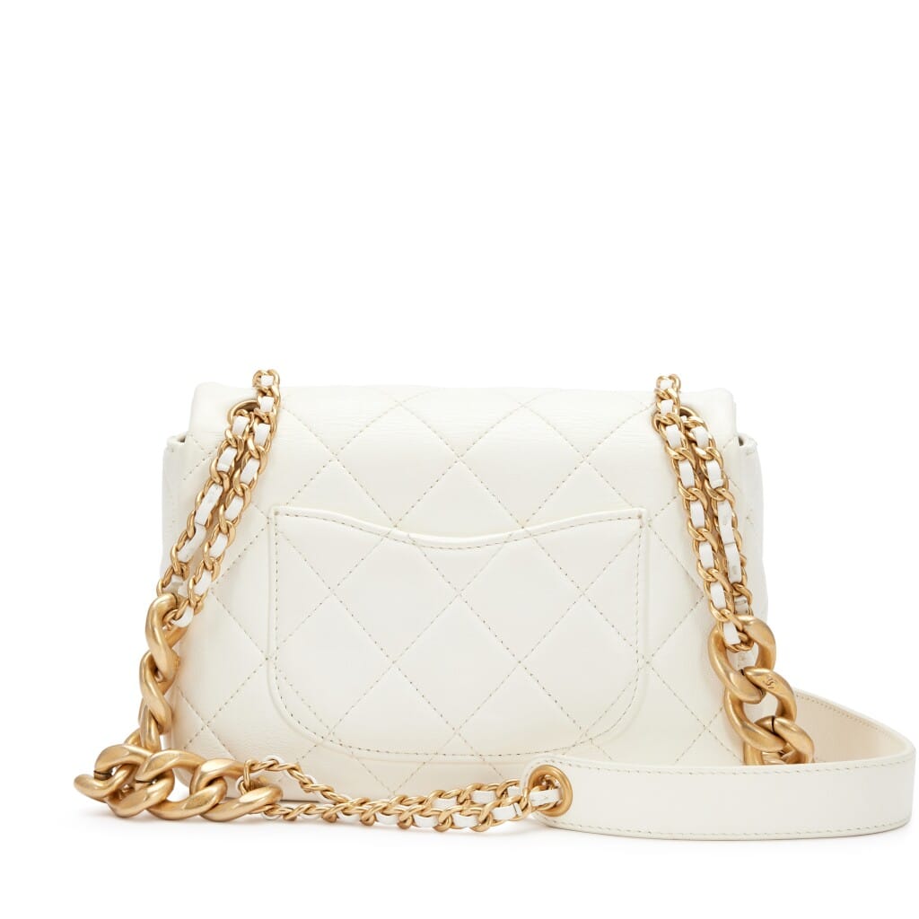 White Shiny Quilted Lambskin Mini Flap Bag Aged Gold Hardware, 2020
