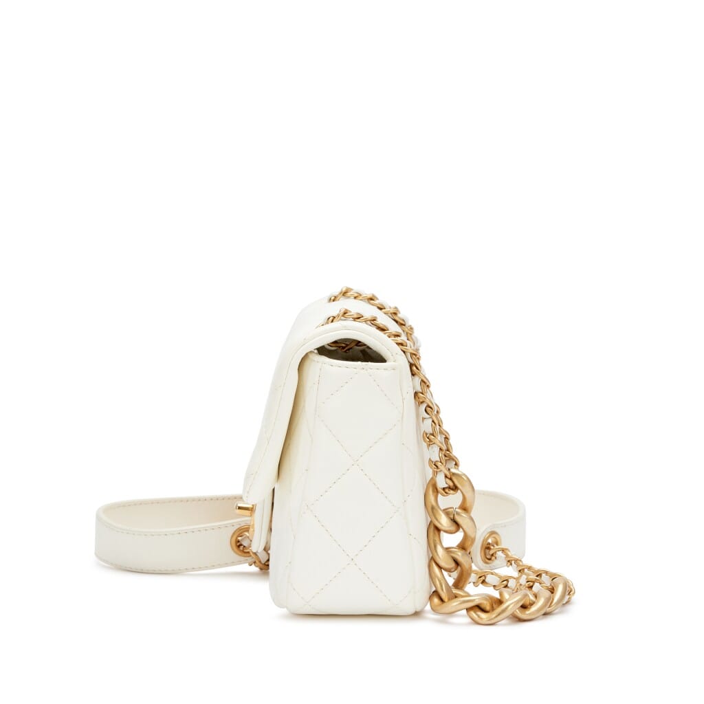 White Shiny Quilted Lambskin Mini Flap Bag Aged Gold Hardware, 2020