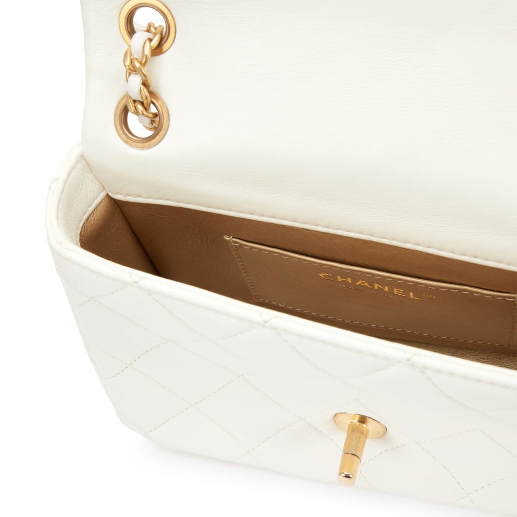 White Shiny Quilted Lambskin Mini Flap Bag Aged Gold Hardware, 2020
