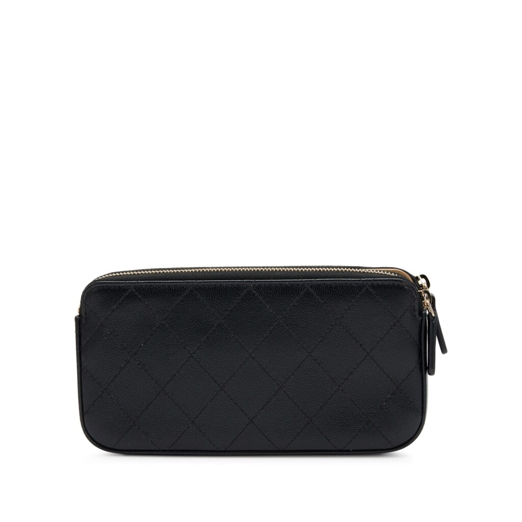 Black Quilted Goatskin Small Chic Pearls Clutch with Chain Aged Gold Hardware, 2019