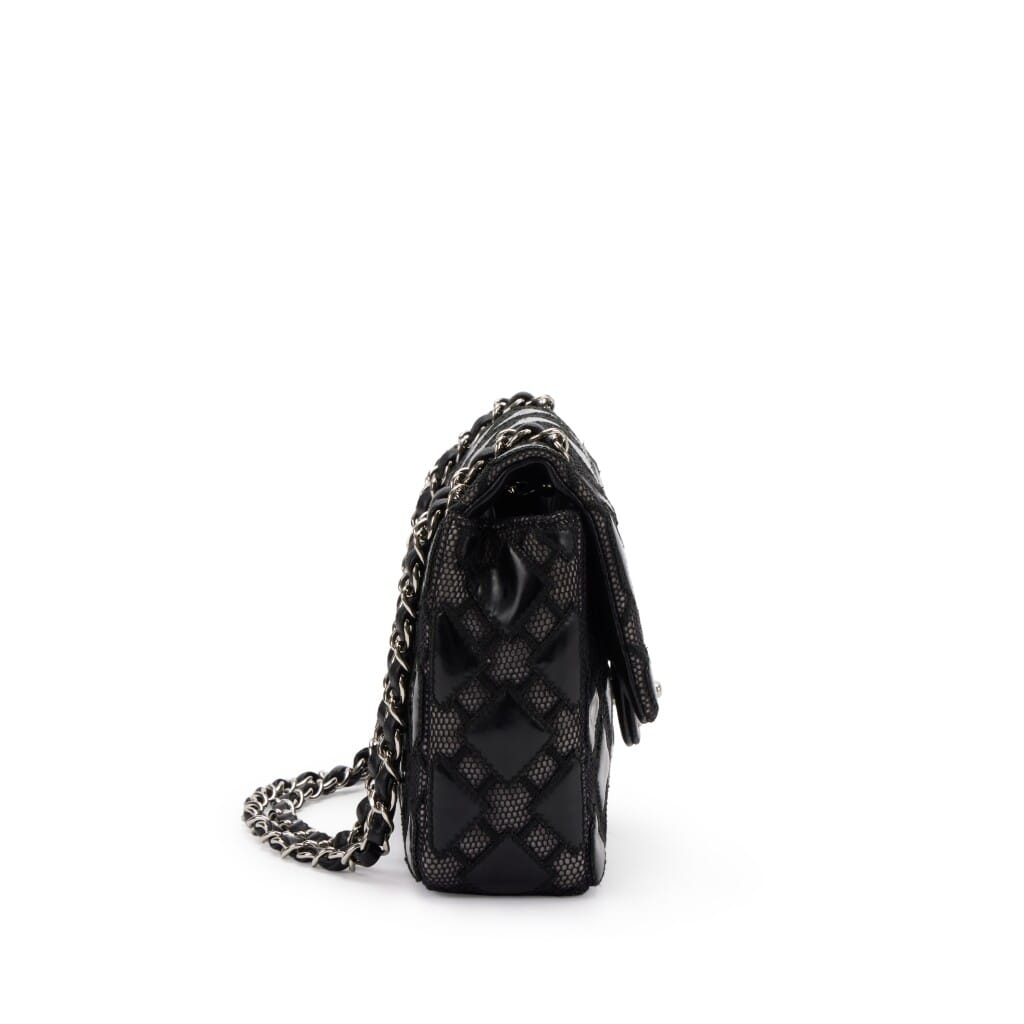 Black Quilted Vinyl and Mesh Medium Classic Single Flap Bag Silver Hardware, 2010-2011
