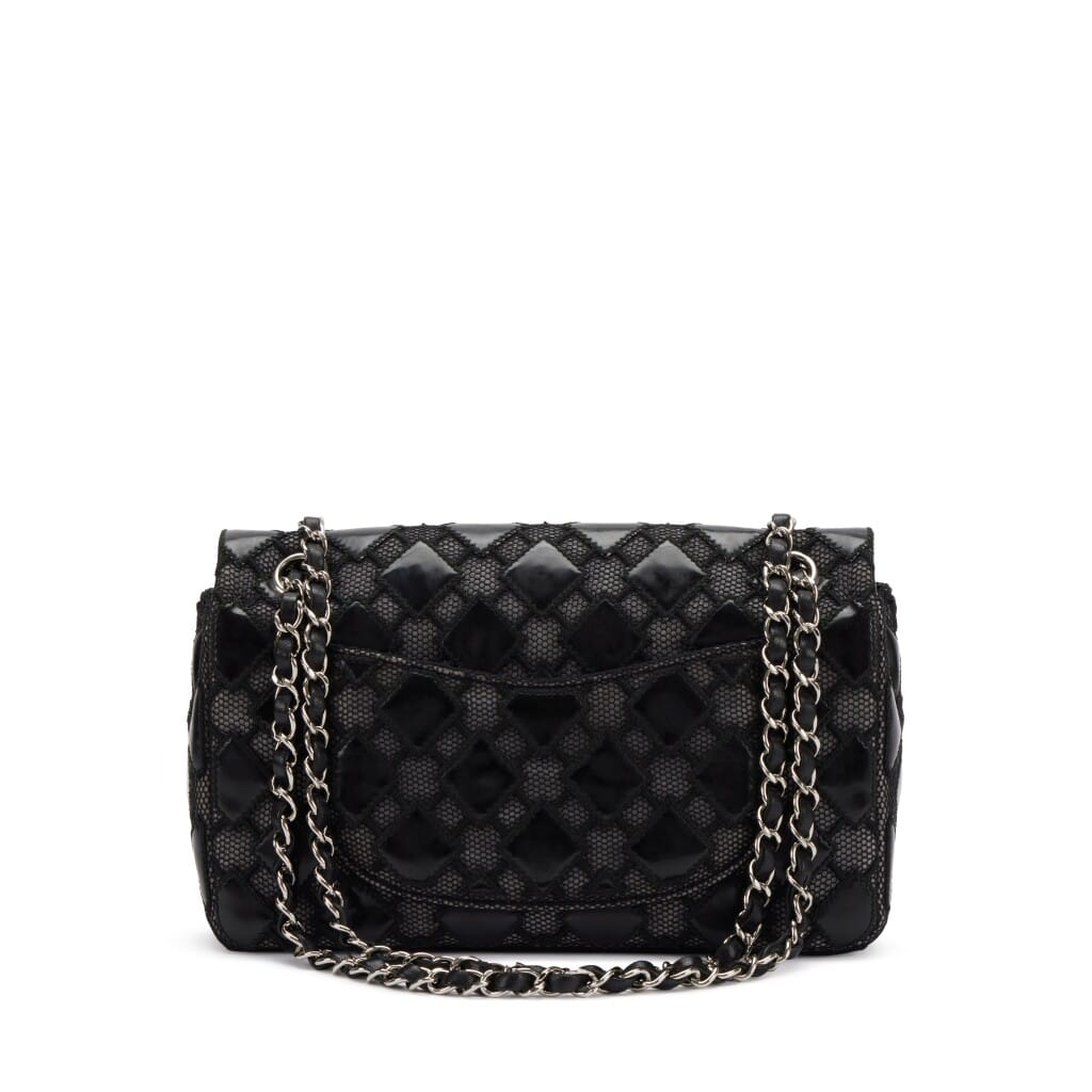 Black Quilted Vinyl and Mesh Medium Classic Single Flap Bag Silver Hardware, 2010-2011