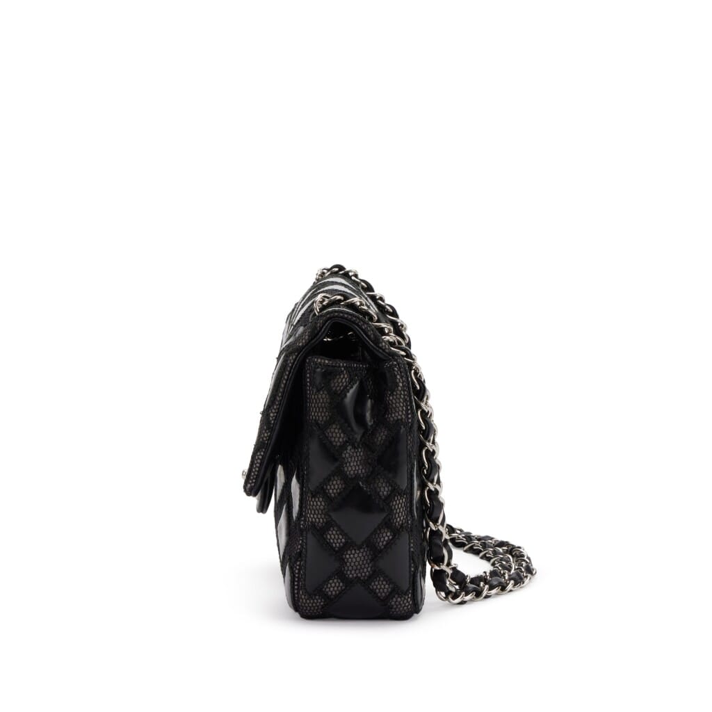 Black Quilted Vinyl and Mesh Medium Classic Single Flap Bag Silver Hardware, 2010-2011