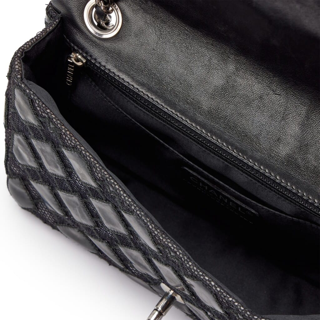 Black Quilted Vinyl and Mesh Medium Classic Single Flap Bag Silver Hardware, 2010-2011
