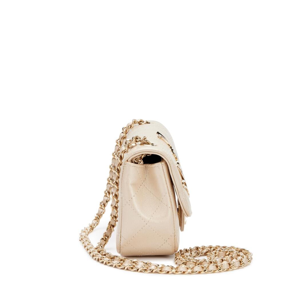 Light Gold Quilted Lambskin and Strass V for Victory Mini Rectangular Classic Single Flap Bag Gold Hardware, 2016