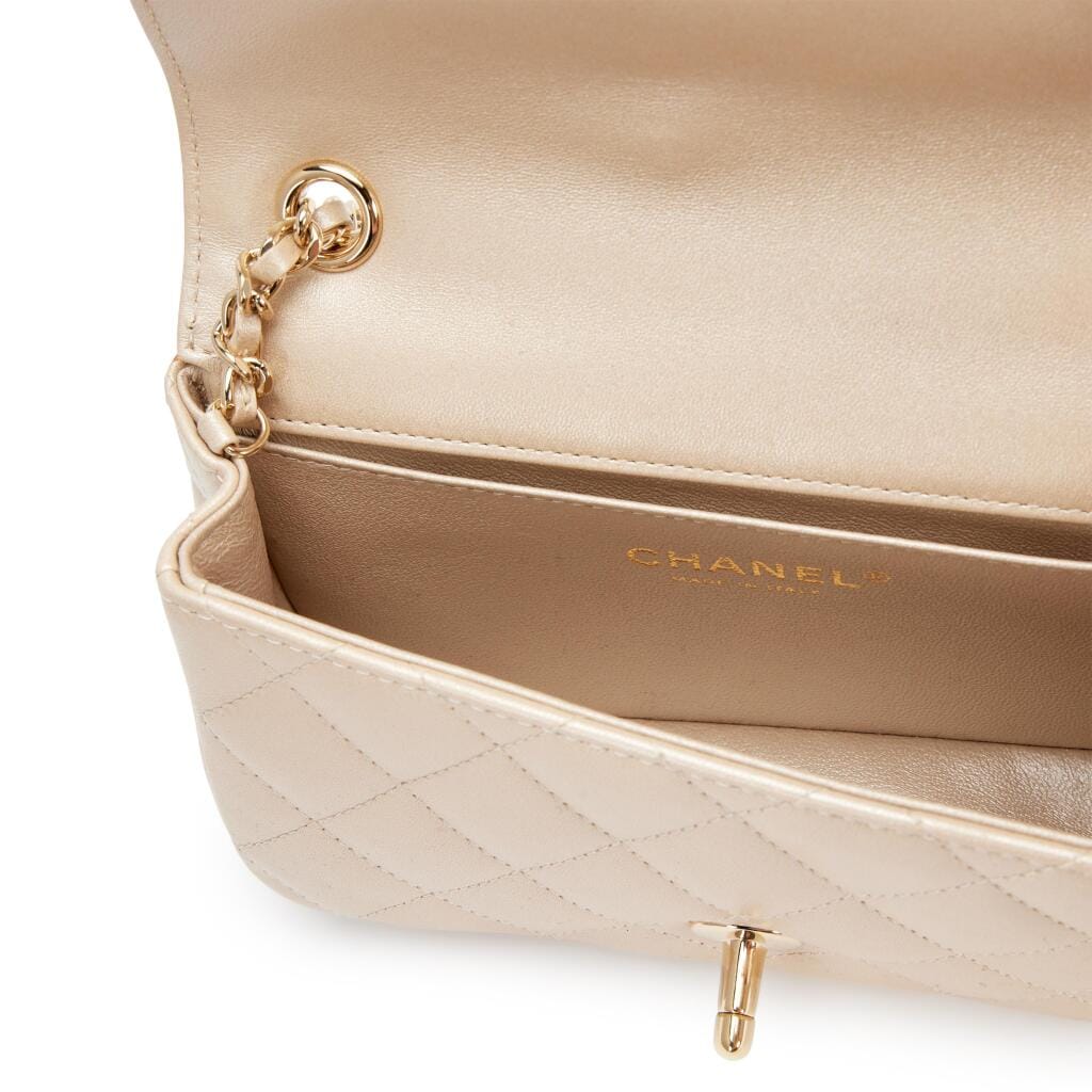 Light Gold Quilted Lambskin and Strass V for Victory Mini Rectangular Classic Single Flap Bag Gold Hardware, 2016