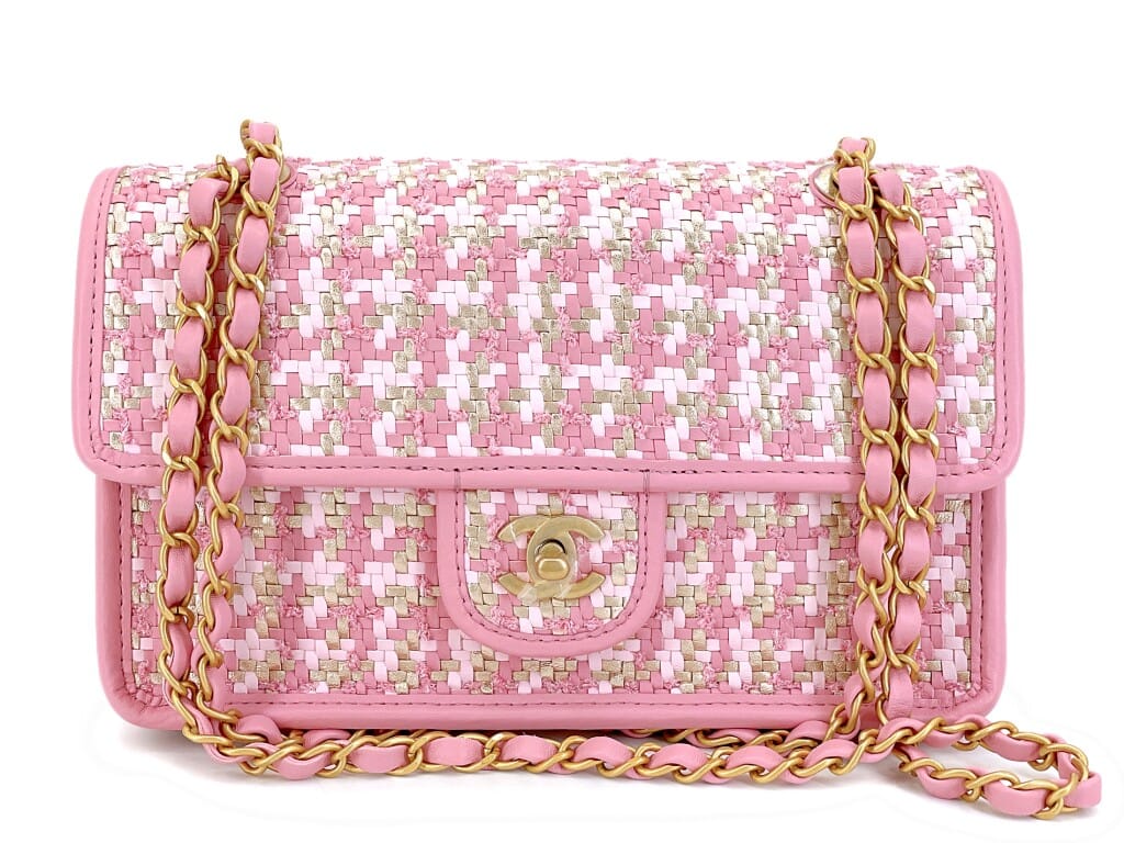 Pink, Gold, and White Woven Lambskin Houndstooth Flap Bag Gold Hardware, 2023