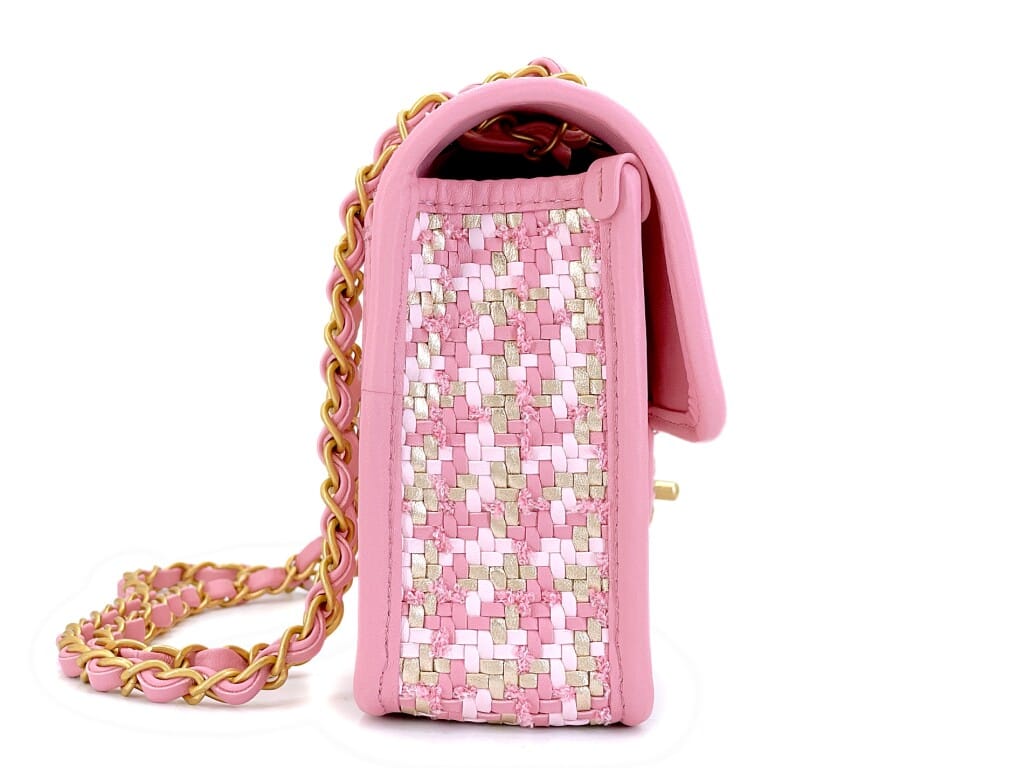 Pink, Gold, and White Woven Lambskin Houndstooth Flap Bag Gold Hardware, 2023