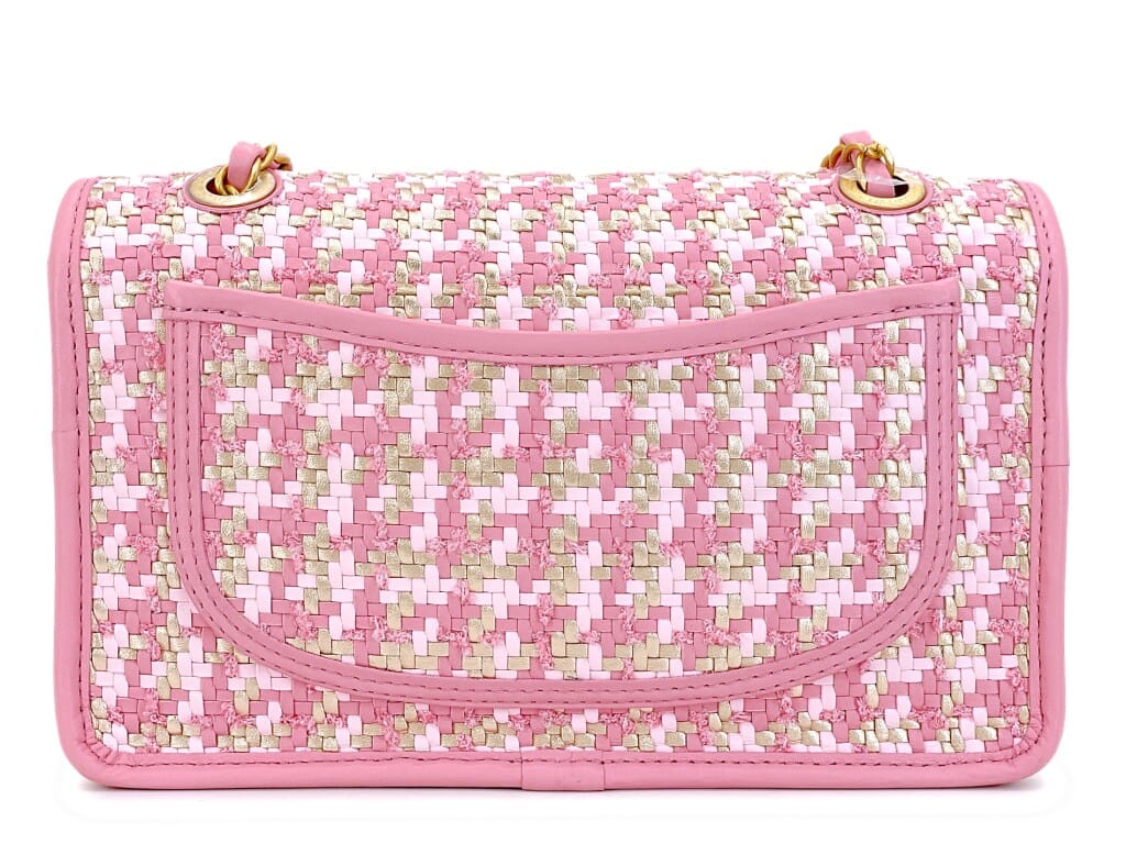 Pink, Gold, and White Woven Lambskin Houndstooth Flap Bag Gold Hardware, 2023