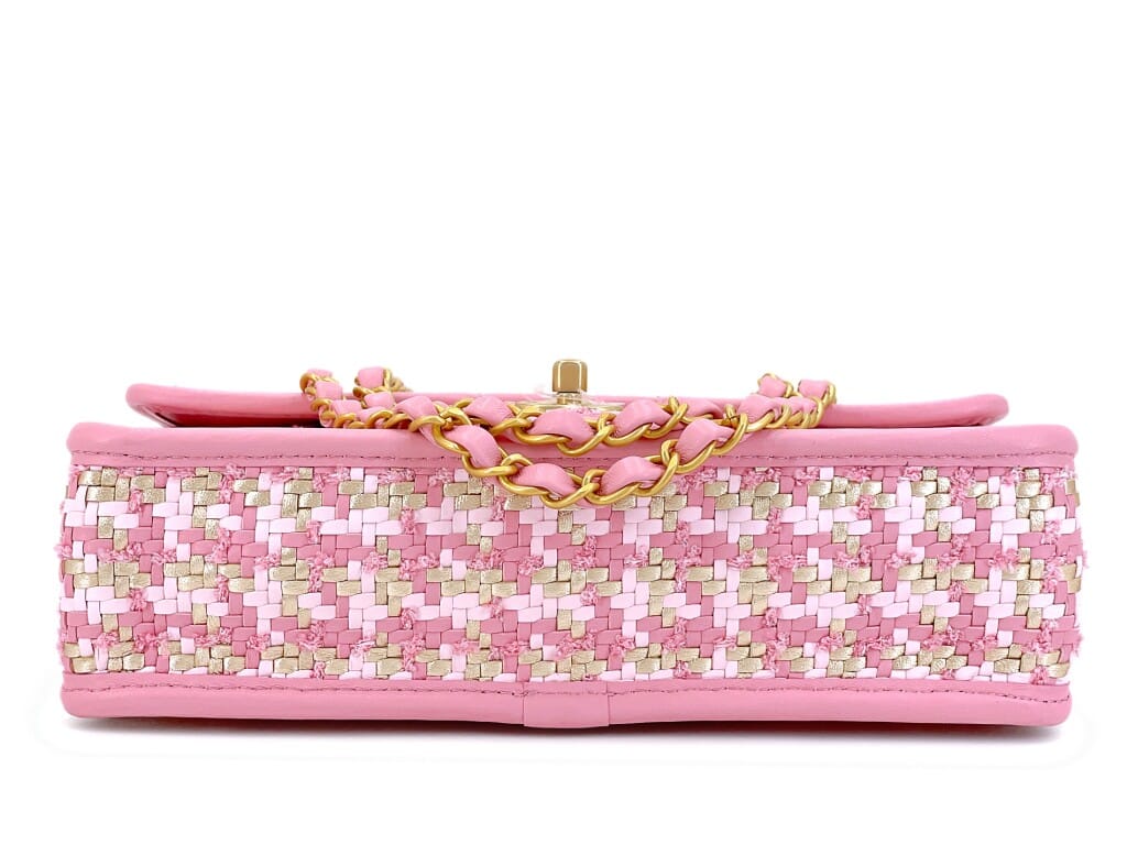 Pink, Gold, and White Woven Lambskin Houndstooth Flap Bag Gold Hardware, 2023