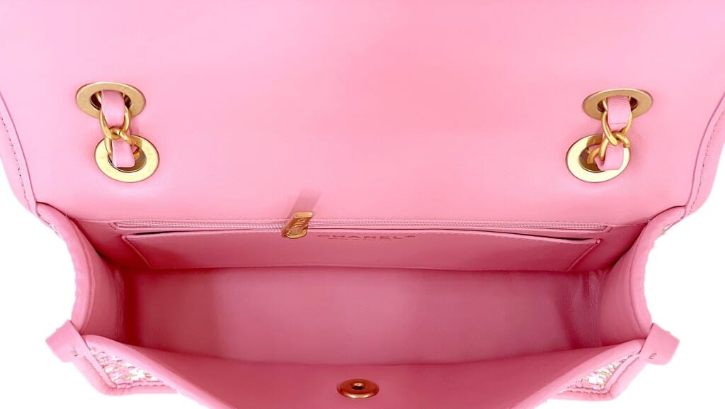 Pink, Gold, and White Woven Lambskin Houndstooth Flap Bag Gold Hardware, 2023