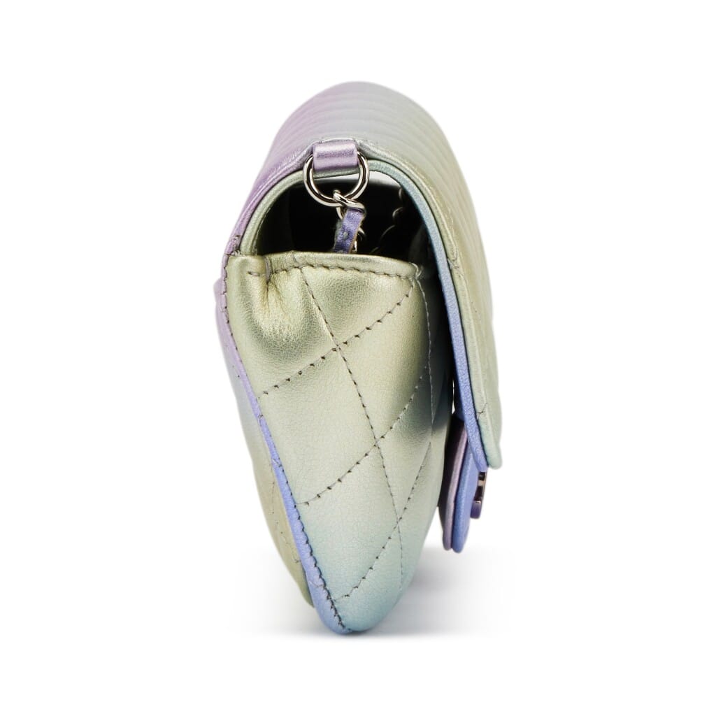 Green and Purple Gradient Metallic Quilted Calfskin Glasses Case With Chain Silver Hardware, 2021