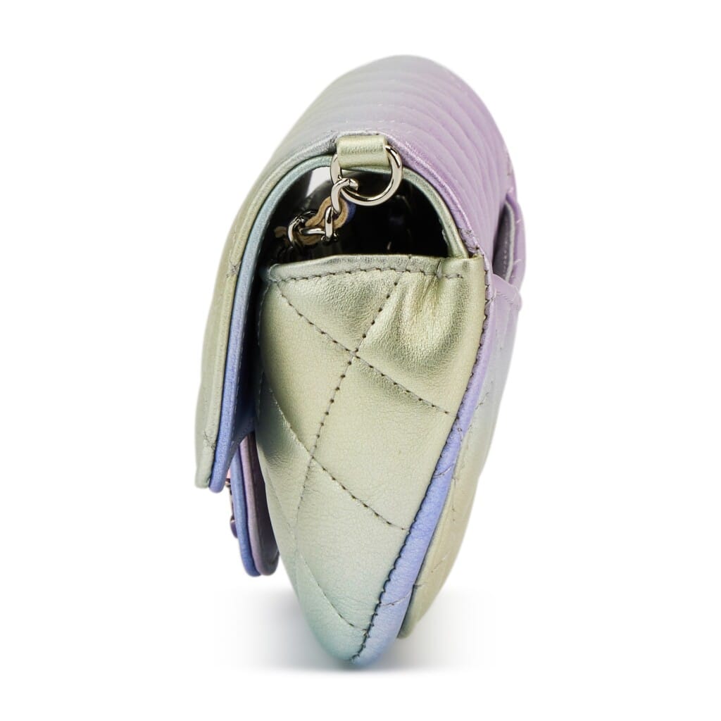 Green and Purple Gradient Metallic Quilted Calfskin Glasses Case With Chain Silver Hardware, 2021