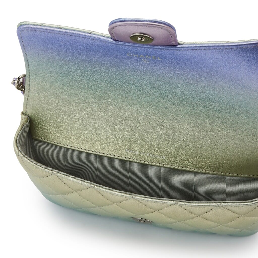 Green and Purple Gradient Metallic Quilted Calfskin Glasses Case With Chain Silver Hardware, 2021