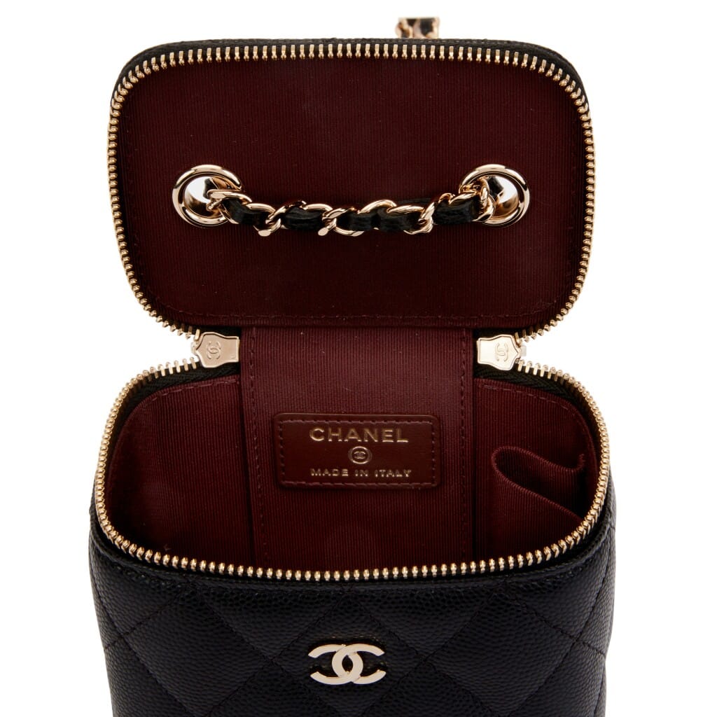 Black Quilted Caviar Mini Vanity Case With Chain Gold Hardware, 2021