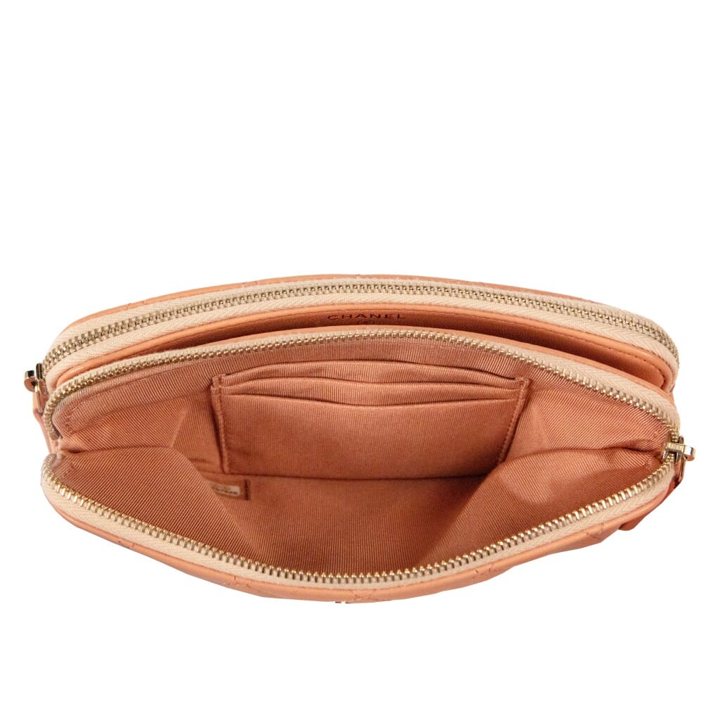 Pink Quilted Lambskin Double Zip Clutch With Chain Gold Hardware, 2018