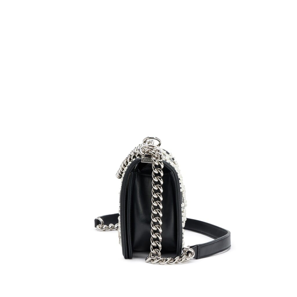 Black Calfskin Pearl Chevron Medium Boy Bag Silver Hardware, 2019
