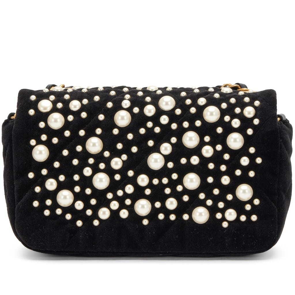 Black Velvet Imitation Pearl Embellished Rectangular Mini Classic Flap Bag Aged Gold Hardware, 2022