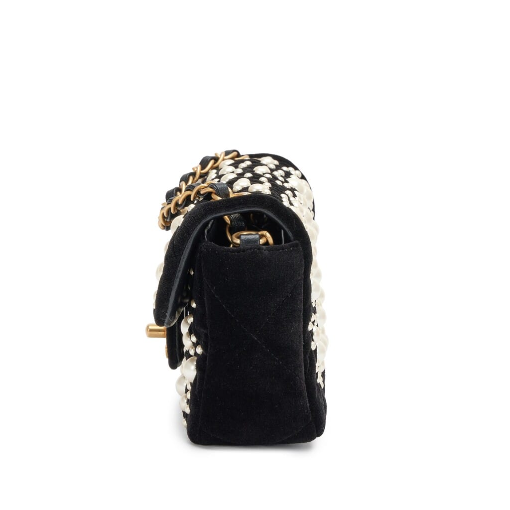 Black Velvet Imitation Pearl Embellished Rectangular Mini Classic Flap Bag Aged Gold Hardware, 2022