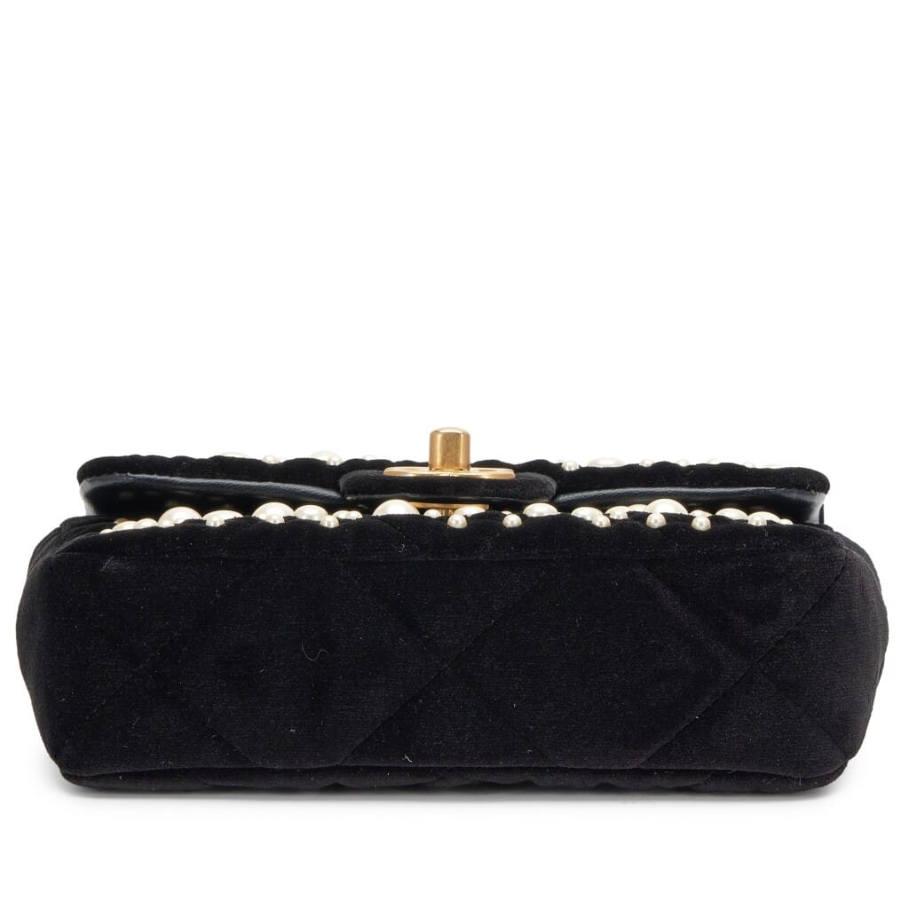 Black Velvet Imitation Pearl Embellished Rectangular Mini Classic Flap Bag Aged Gold Hardware, 2022
