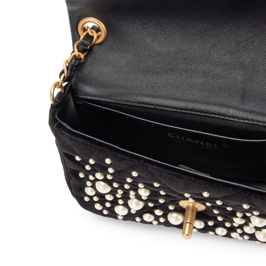 Black Velvet Imitation Pearl Embellished Rectangular Mini Classic Flap Bag Aged Gold Hardware, 2022