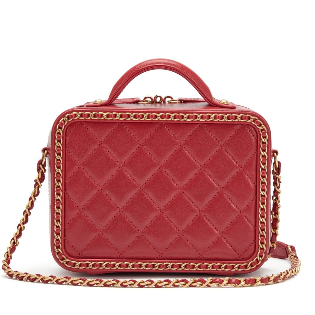 Red Quilted Goatskin Small CC Filigree Chain Around Vanity Case Gold Hardware, 2019