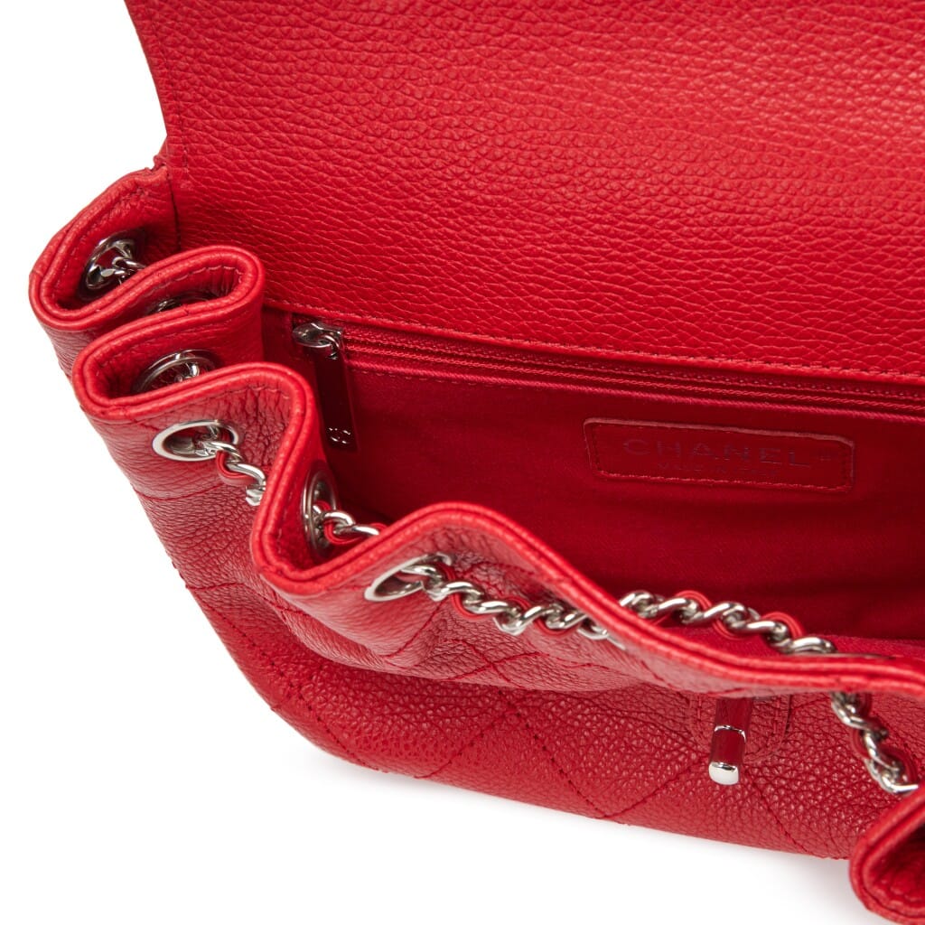 Red Quilted Grained Calfskin Medium Accordion Saddle Messenger Bag Silver Hardware, 2017