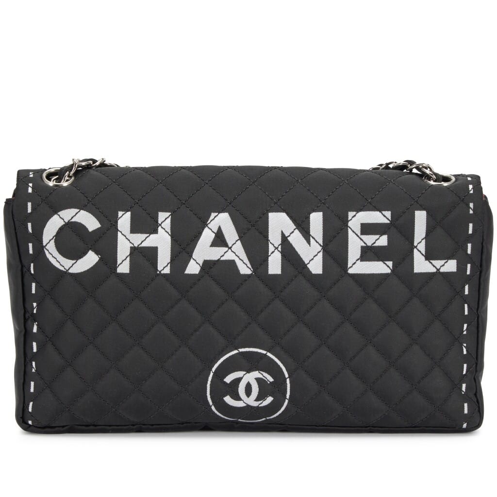Black Quilted Nylon Letter Logo Printed Flap Bag Silver Hardware, 2008