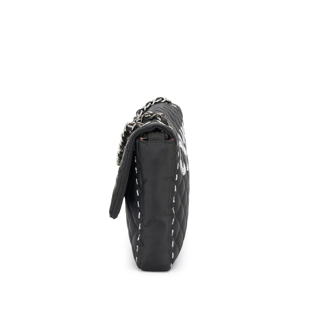 Black Quilted Nylon Letter Logo Printed Flap Bag Silver Hardware, 2008