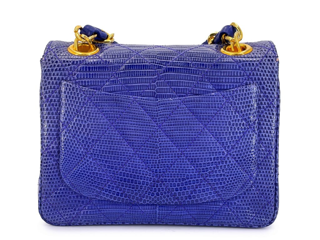 Vintage Royal Blue Lizard Square Mini Flap Bag Gold Hardware, 1989-1991