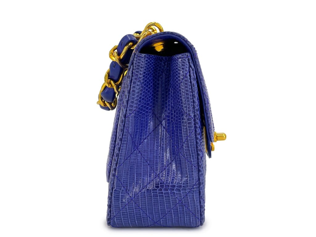 Vintage Royal Blue Lizard Square Mini Flap Bag Gold Hardware, 1989-1991