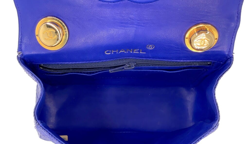 Vintage Royal Blue Lizard Square Mini Flap Bag Gold Hardware, 1989-1991