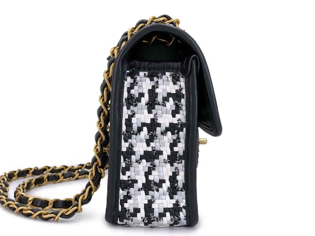 Black and White Wicker Straw Houndstooth Flap Bag Gold Hardware, 2023