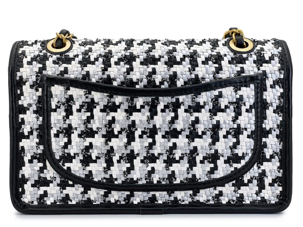 Black and White Wicker Straw Houndstooth Flap Bag Gold Hardware, 2023