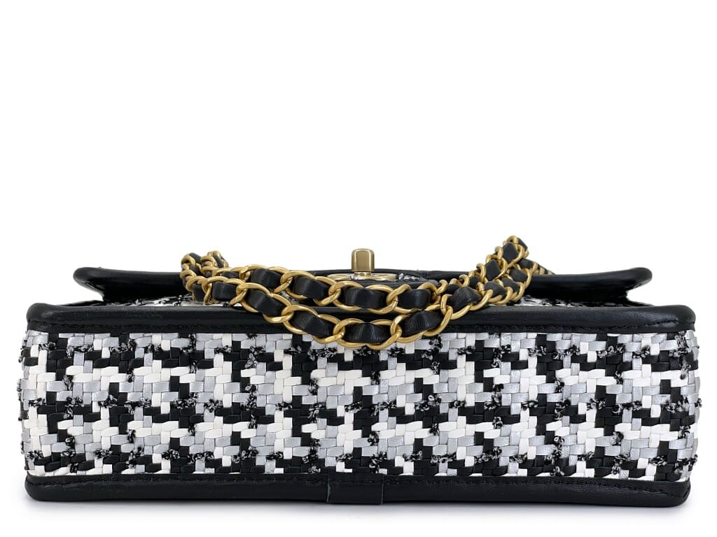 Black and White Wicker Straw Houndstooth Flap Bag Gold Hardware, 2023