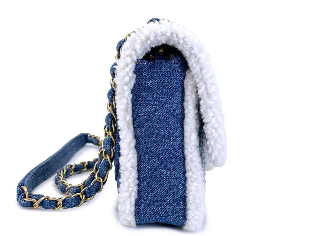 Blue Denim, White Shearling Paris-New York Hieroglyph Maxi Flap Bag Gold Hardware, 2019