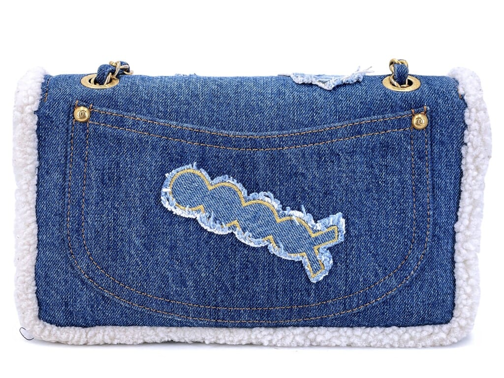Blue Denim, White Shearling Paris-New York Hieroglyph Maxi Flap Bag Gold Hardware, 2019