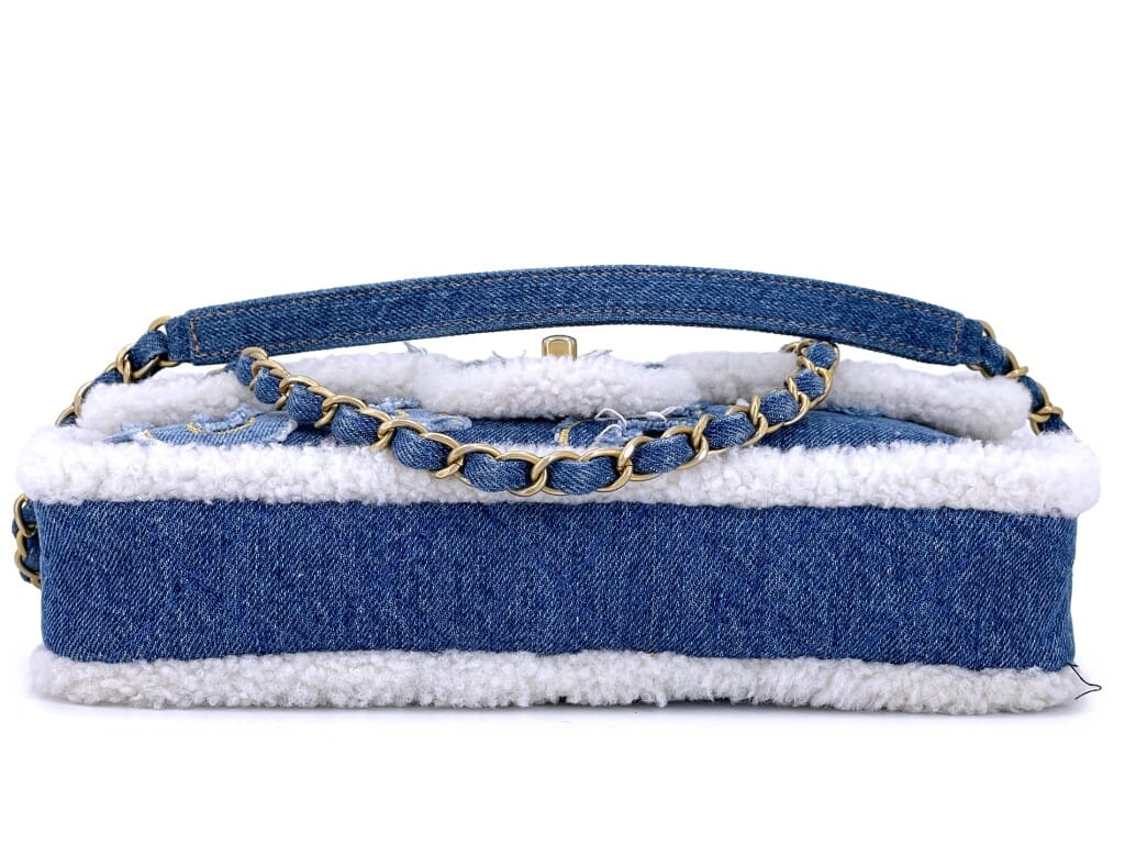 Blue Denim, White Shearling Paris-New York Hieroglyph Maxi Flap Bag Gold Hardware, 2019