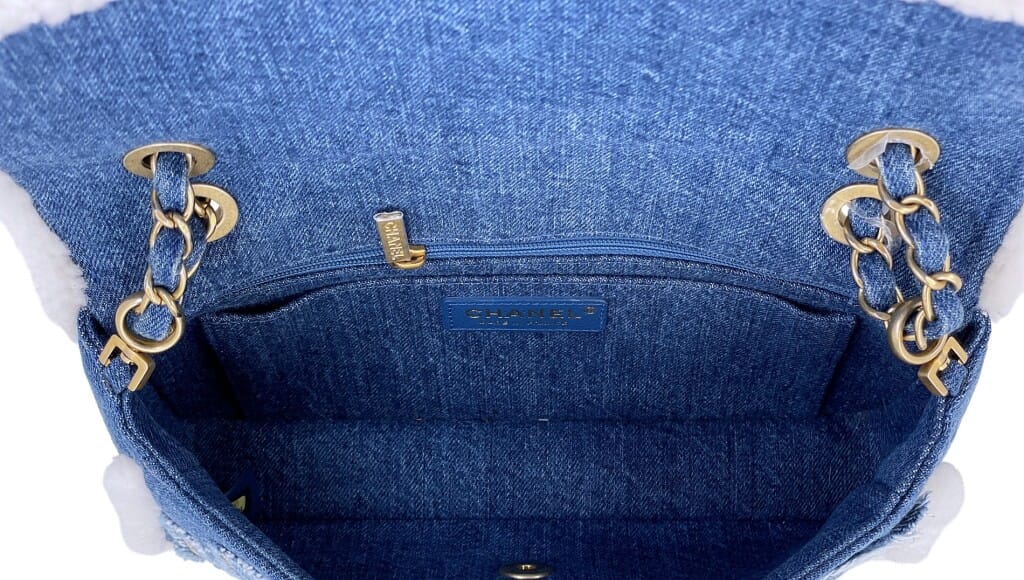 Blue Denim, White Shearling Paris-New York Hieroglyph Maxi Flap Bag Gold Hardware, 2019