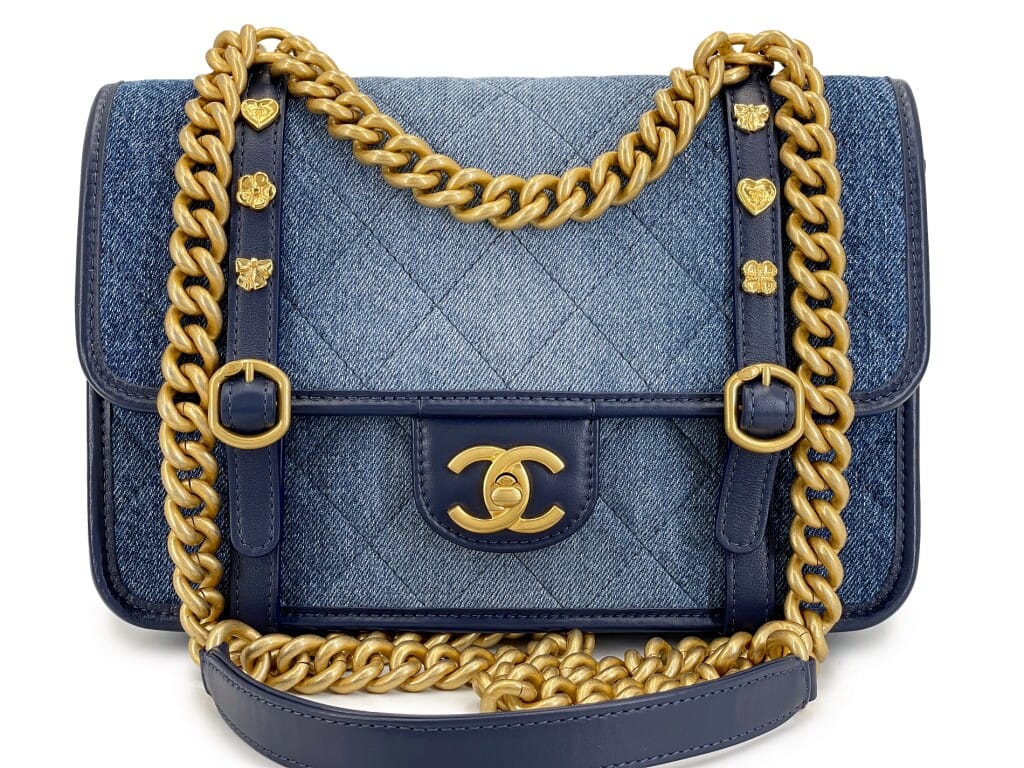 Blue Ombre Denim Quilted Messenger Flap Bag Aged Gold Hardware, 2024