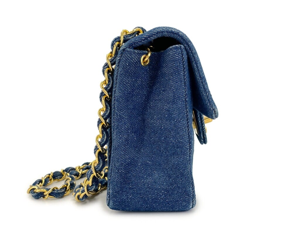 Vintage Blue Quilted Denim Square Mini Flap Bag Gold Hardware, 1990