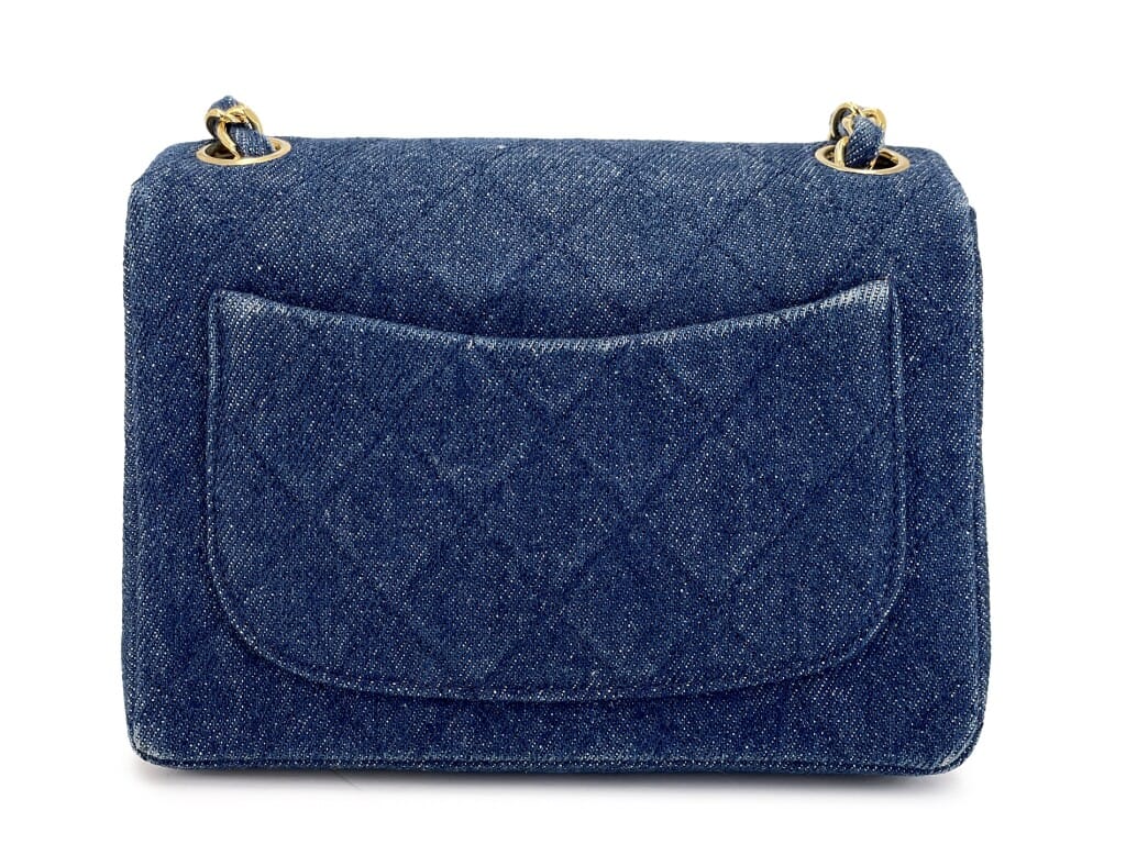 Vintage Blue Quilted Denim Square Mini Flap Bag Gold Hardware, 1990
